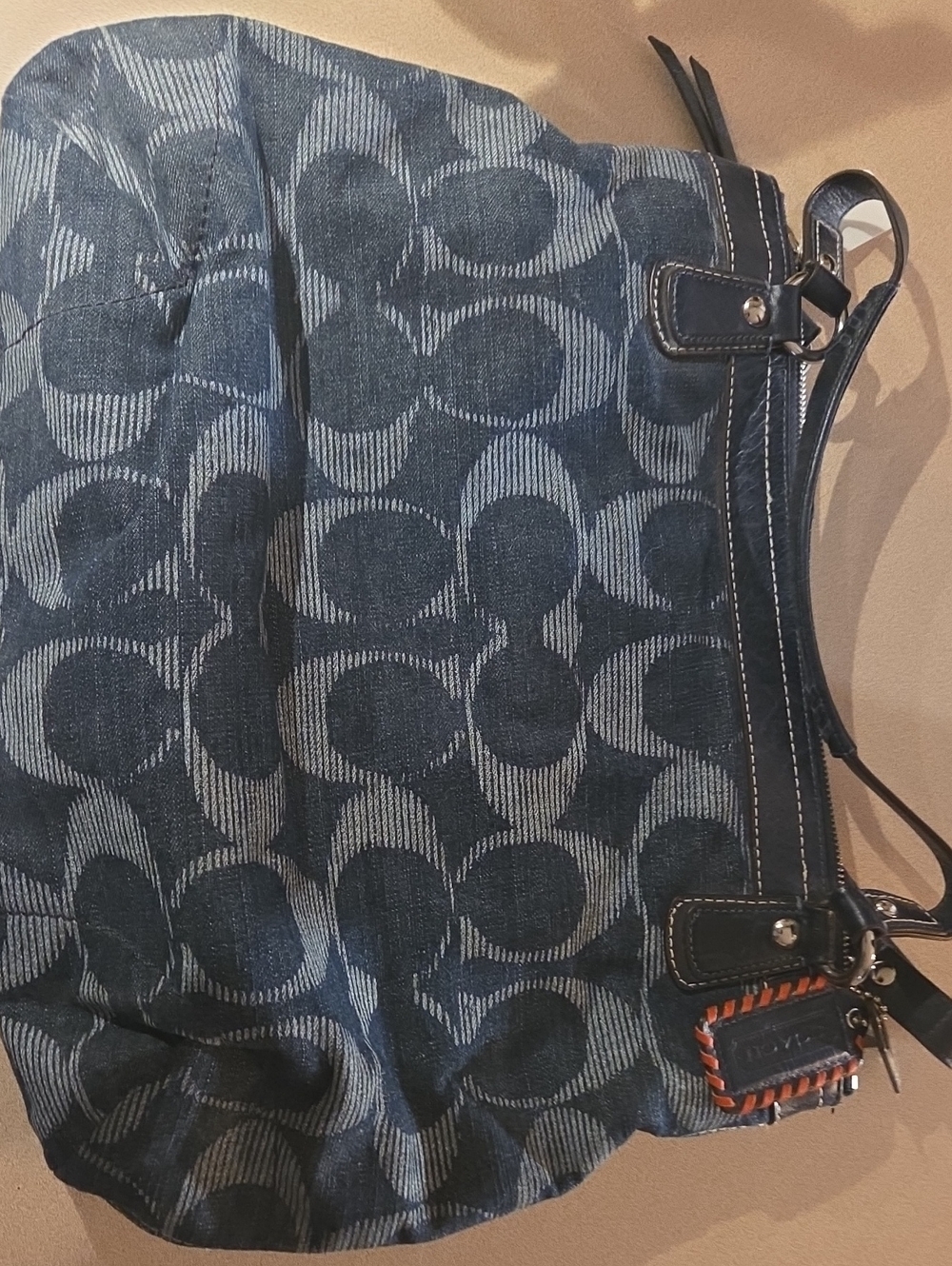 Coach Denim Signature Logo Hobo Bag with Navy and Red Accent - Picture 2 of 4